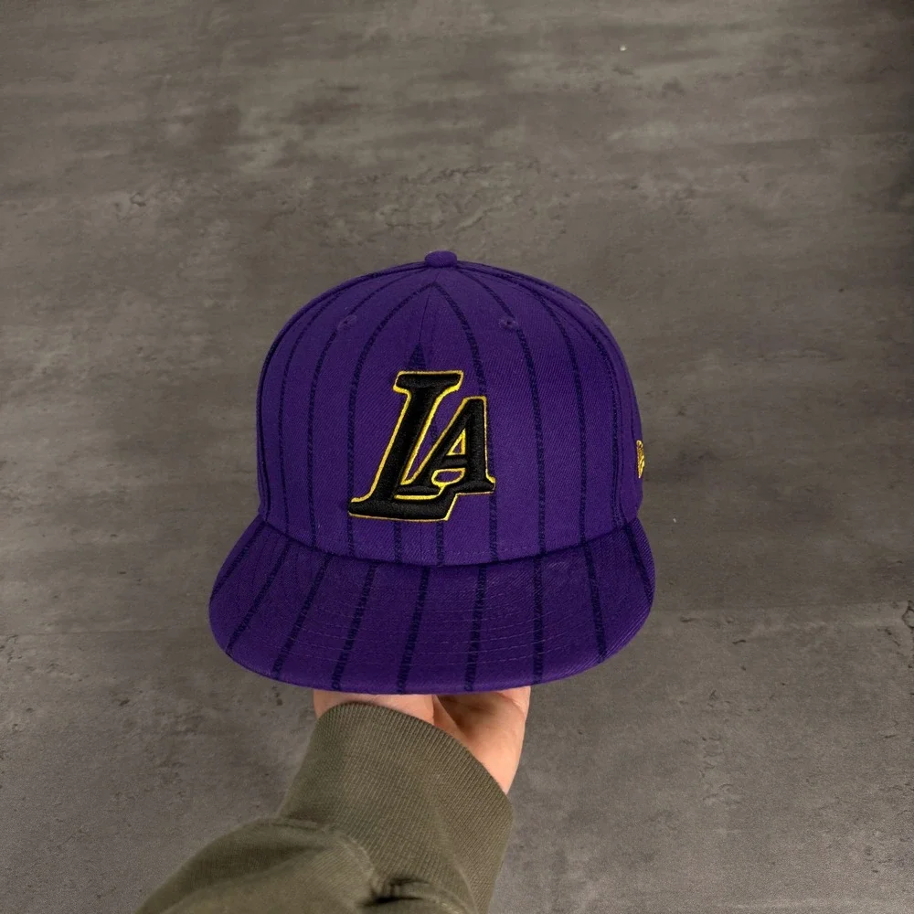 New Era LA Lakers Snapback Hat Purple Pinstripe Black Gold Alternate Cap NBA